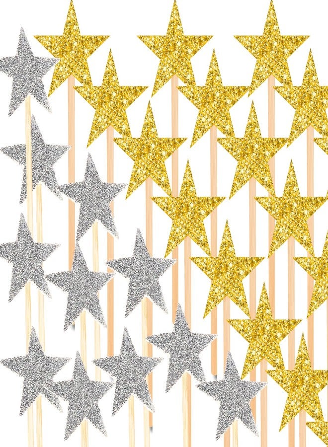 GLOBEADO Glitter Star Cake Toppers -Double sided, 100 Pieces, (Gold color - 50 pieces & Silver color - 50 Pieces) Stars with Wooden Sticks, Party Decoration - Image 1